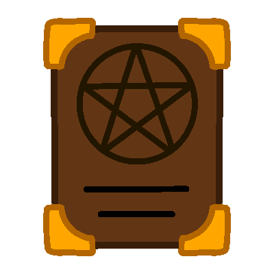 a book with a brown cover with gold corners. the cover has a pentacle in a circle, with two lines below it that represent text.